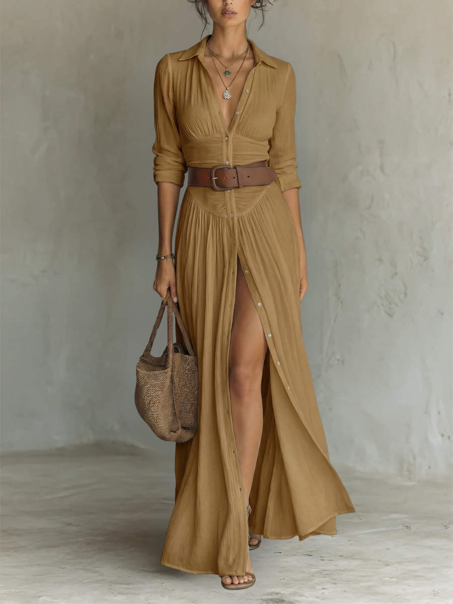 Ärmelloses Leinenkleid mit Reverskragen und langen Ärmeln für Damen