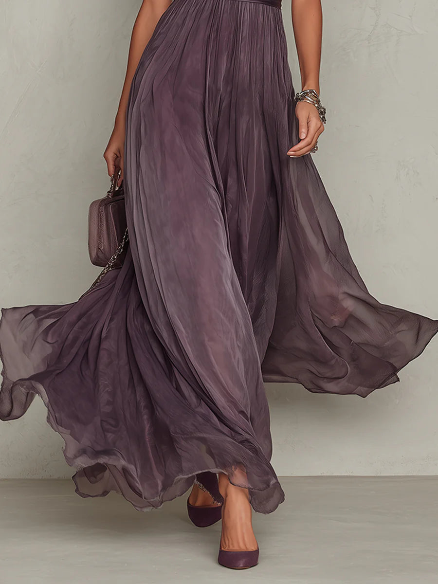 Flavia — Langes Chiffon-Kleid mit Spitzendetails