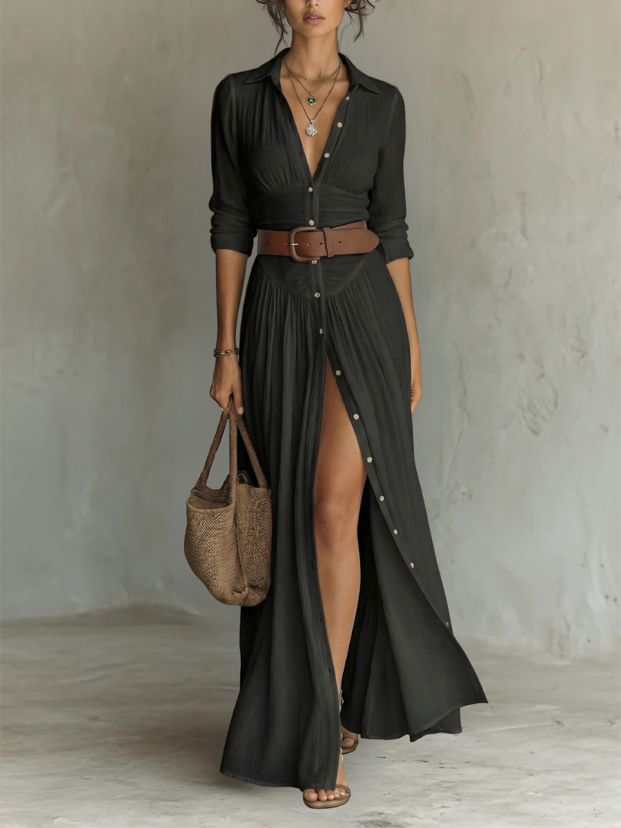 Ärmelloses Leinenkleid mit Reverskragen und langen Ärmeln für Damen