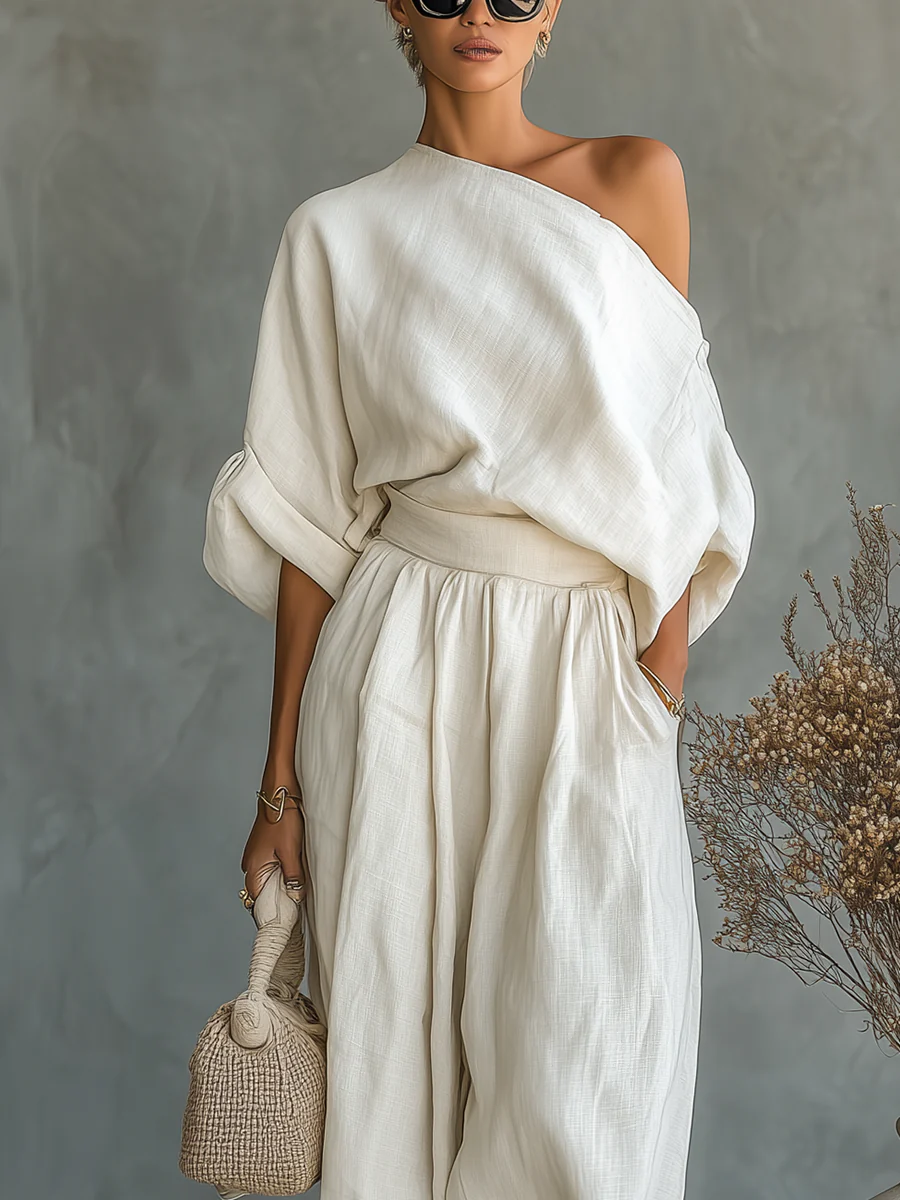 Safira: Weißes, lässiges Leinen-Top-Set