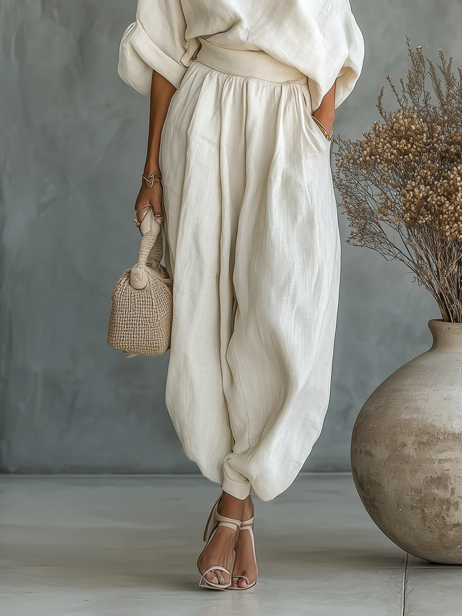 Safira: Weißes, lässiges Leinen-Top-Set