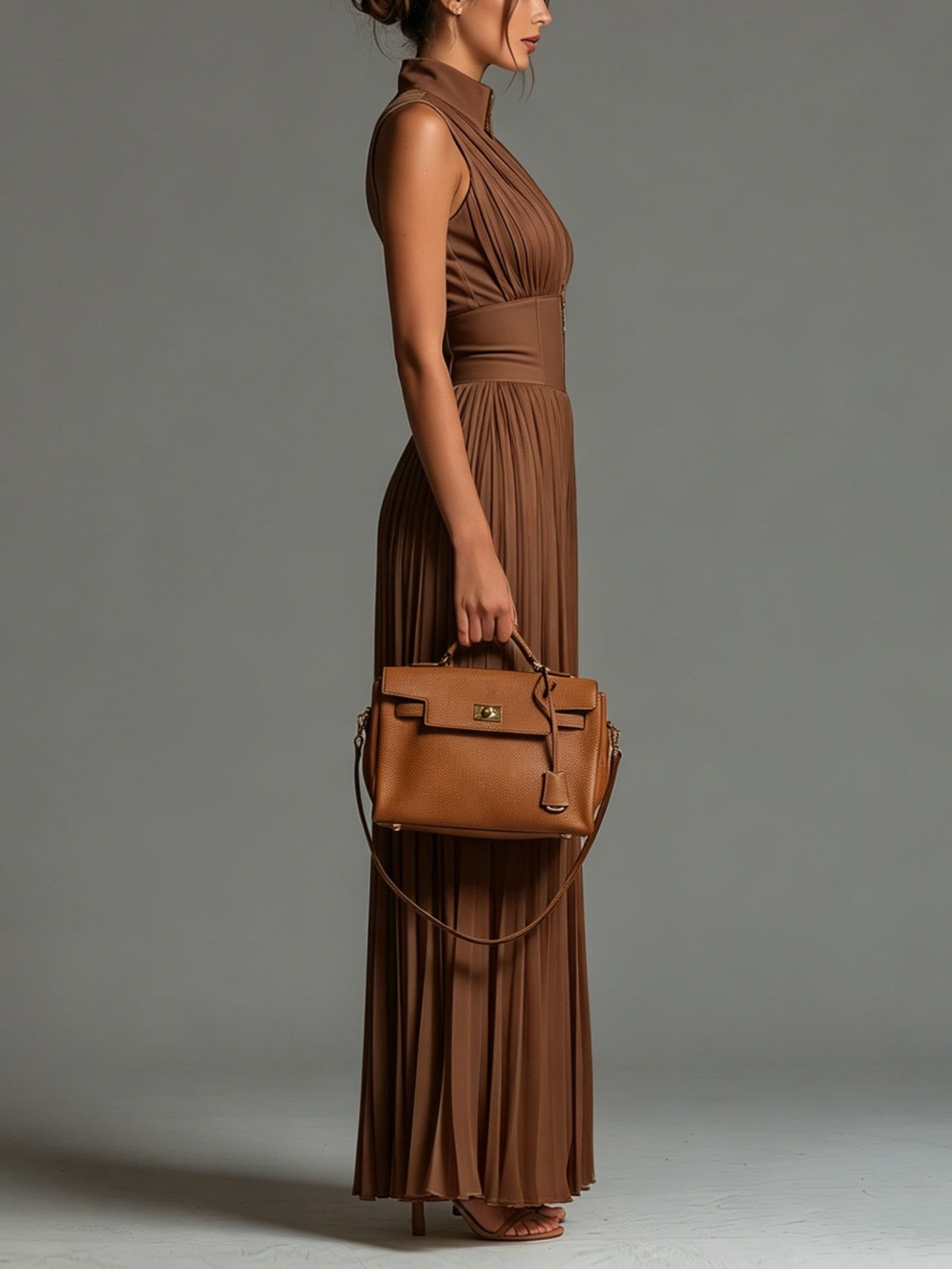 Shofia Jumpsuit | Tuta aus plissiertem Chiffon in Karamellfarbe