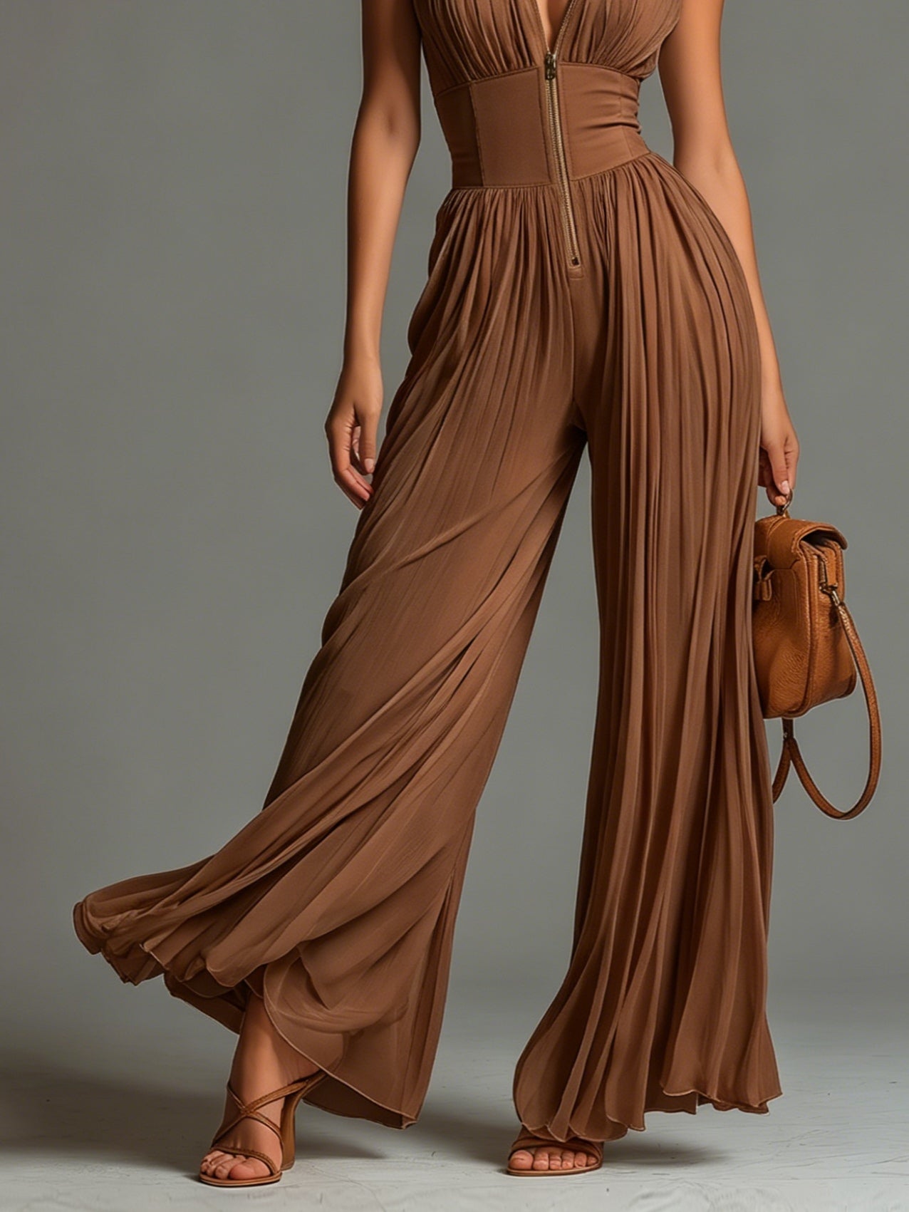 Zsófia Jumpsuit | Tuta aus plissiertem Chiffon in Karamellfarbe