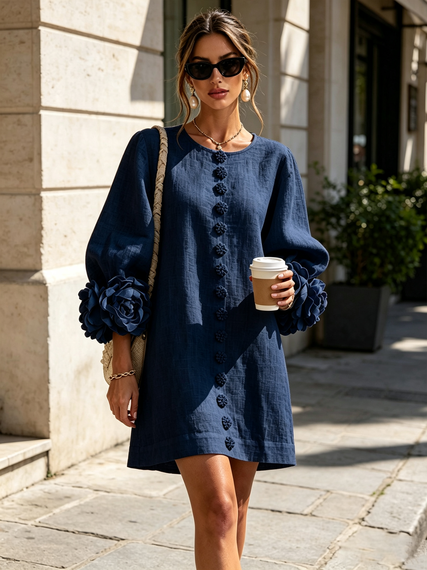 Weißes Blumendesign Hemdblusenkleid mit auffälligen Blumenkämpfen